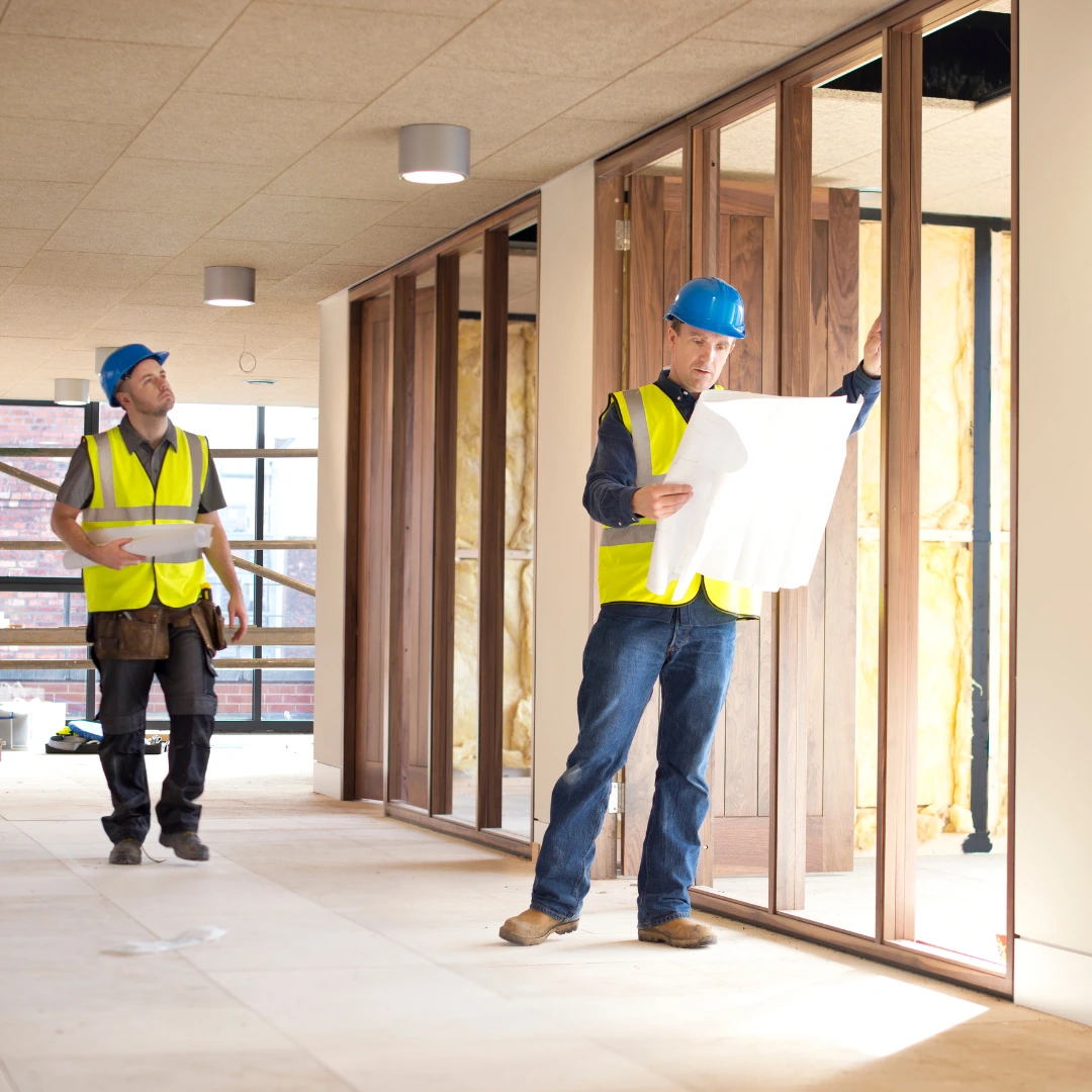 Turnkey interior fit-out team reviewing plans at commercial construction site